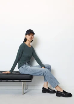 Marc O'Polo Long Sleeve Top With A Bateau Neckline In A Regular Fit In Organic Cotton Slub Jersey