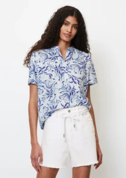Marc O'Polo Short-sleeved Jersey Blouse Top In Printed Organic Cotton