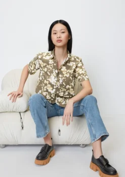 Marc O'Polo Short-sleeved Blouse With All-over Print In Paper Touch Poplin